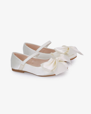 Ivory Satin Mary Jane Flats with Front Satin Bow - Side View