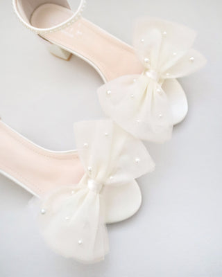 Satin Block Heel Sandal with Front Oversized Tulle Bow and Scattered Pearls