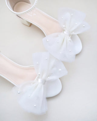 Satin Block Heel Sandal with Front Oversized Tulle Bow and Scattered Pearls