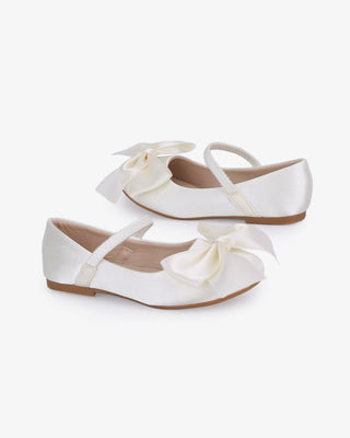 Ivory Satin Mary Jane Flats with Front Satin Bow - Side View