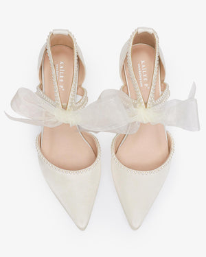 Satin Pointy Toe Flats with Mini Pearls and Chiffon Ribbon Tie