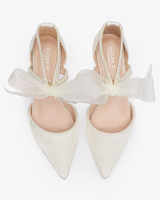 Ivory Satin Pointy Toe Flats with Mini Pearls and Chiffon Ribbon Tie