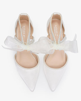 White Satin Pointy Toe Flats with Mini Pearls and Chiffon Ribbon Tie
