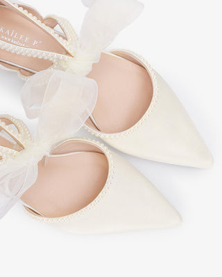 Ivory Satin Pointy Toe Flats with Mini Pearls and Chiffon Ribbon Tie