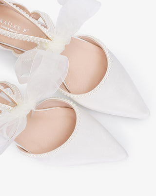 White Satin Pointy Toe Flats with Mini Pearls and Chiffon Ribbon Tie