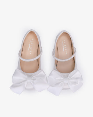 White Satin Maryjane Flats with Front Satin Bow - Top View