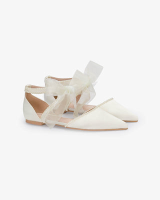 Ivory Satin Pointy Toe Flats with Mini Pearls and Chiffon Ribbon Tie