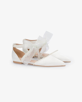 White Satin Pointy Toe Flats with Mini Pearls and Chiffon Ribbon Tie
