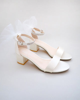 Satin Block Heel Sandals with Tulle Back Bow and Embellished Rhinestones Strap
