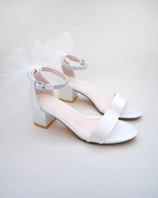 White Satin Block Heel Sandals with Tulle Back Bow