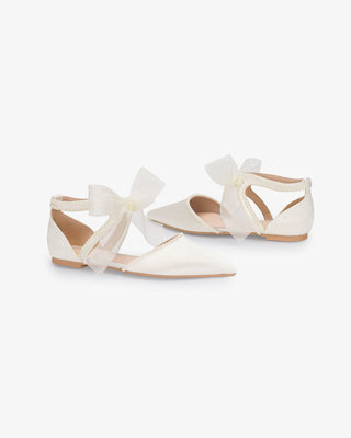 Ivory Satin Pointy Toe Flats with Mini Pearls and Chiffon Ribbon Tie