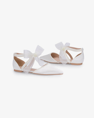 White Satin Pointy Toe Flats with Mini Pearls and Chiffon Ribbon Tie