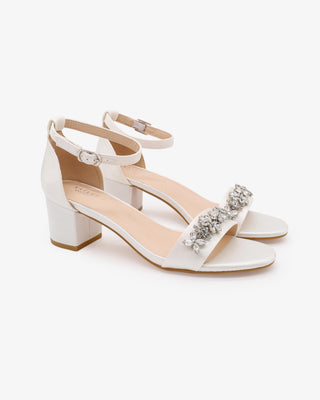 White Satin Block Heel Wedding Sandals with Floral Rhinestones