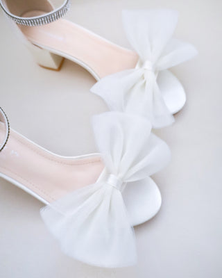 Satin Block Heel Sandal with Front Oversized Tulle Bow and Embellished Rhinestones Strap