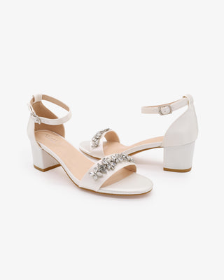 White Satin Block Heel Wedding Sandals with Floral Rhinestones