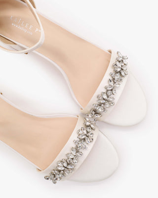 White Satin Block Heel Wedding Sandals with Floral Rhinestones