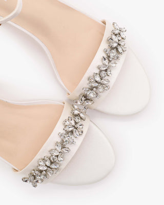 White Satin Block Heel Wedding Sandals with Floral Rhinestones and ribbon back ankle tie