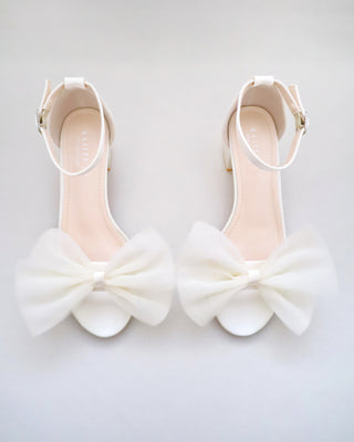 Satin Block Heel Sandal with Front Oversized Tulle Bow