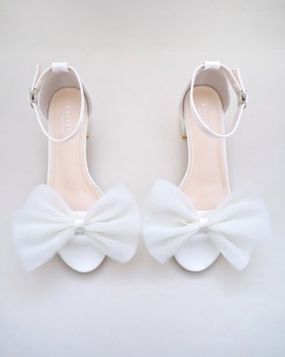 Satin Block Heel Sandal with Front Oversized Tulle Bow and Embellished Rhinestones Strap