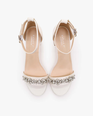 White Satin Block Heel Wedding Sandals with Floral Rhinestones