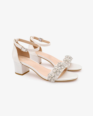 White Satin Block Heel Wedding Sandals with Rhinestones Chassia Flower
