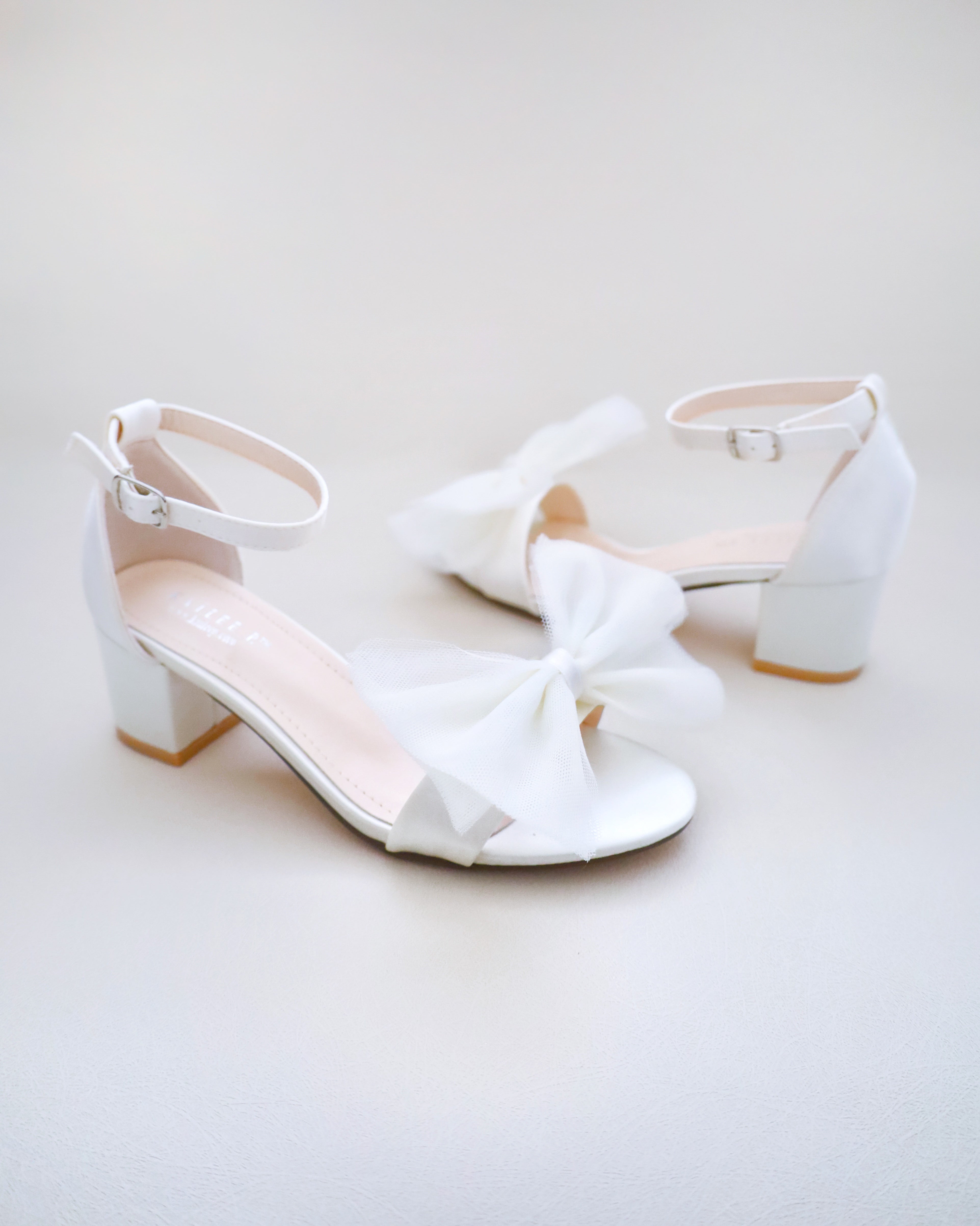 White Satin Block Heel Sandal with Oversized Tulle Bow, Wedding Shoes