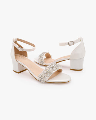White Satin Block Heel Wedding Sandals with Rhinestones Chassia Flower