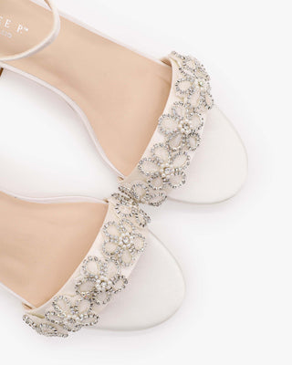 White Satin Block Heel Wedding Sandals with Rhinestones Chassia Flower