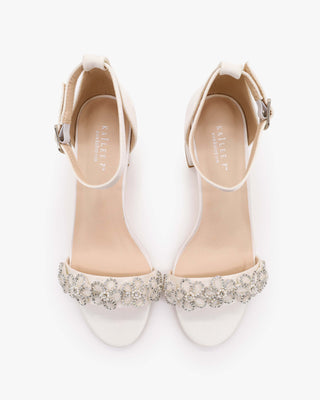 White Satin Block Heel Wedding Sandals with Rhinestones Chassia Flower