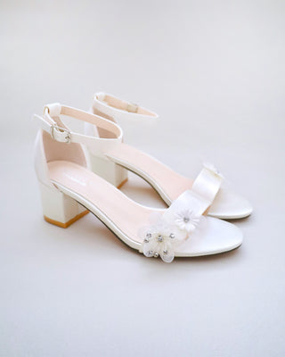 Satin Block Heel Wedding Sandals with Flower Appliques