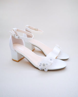 Satin Block Heel Wedding Sandals with Flower Appliques