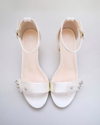 Satin Block Heel Wedding Sandals with Flower Appliques
