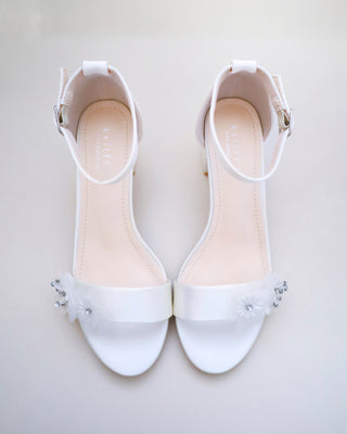 Satin Block Heel Wedding Sandals with Flower Appliques
