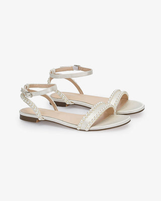 Ivory Satin Flat Sandal with Pearls and Ankle Strap