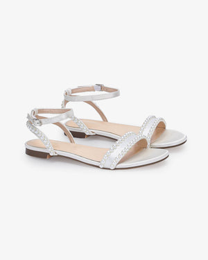 Satin Flat Sandal with Pearls and Ankle Strap