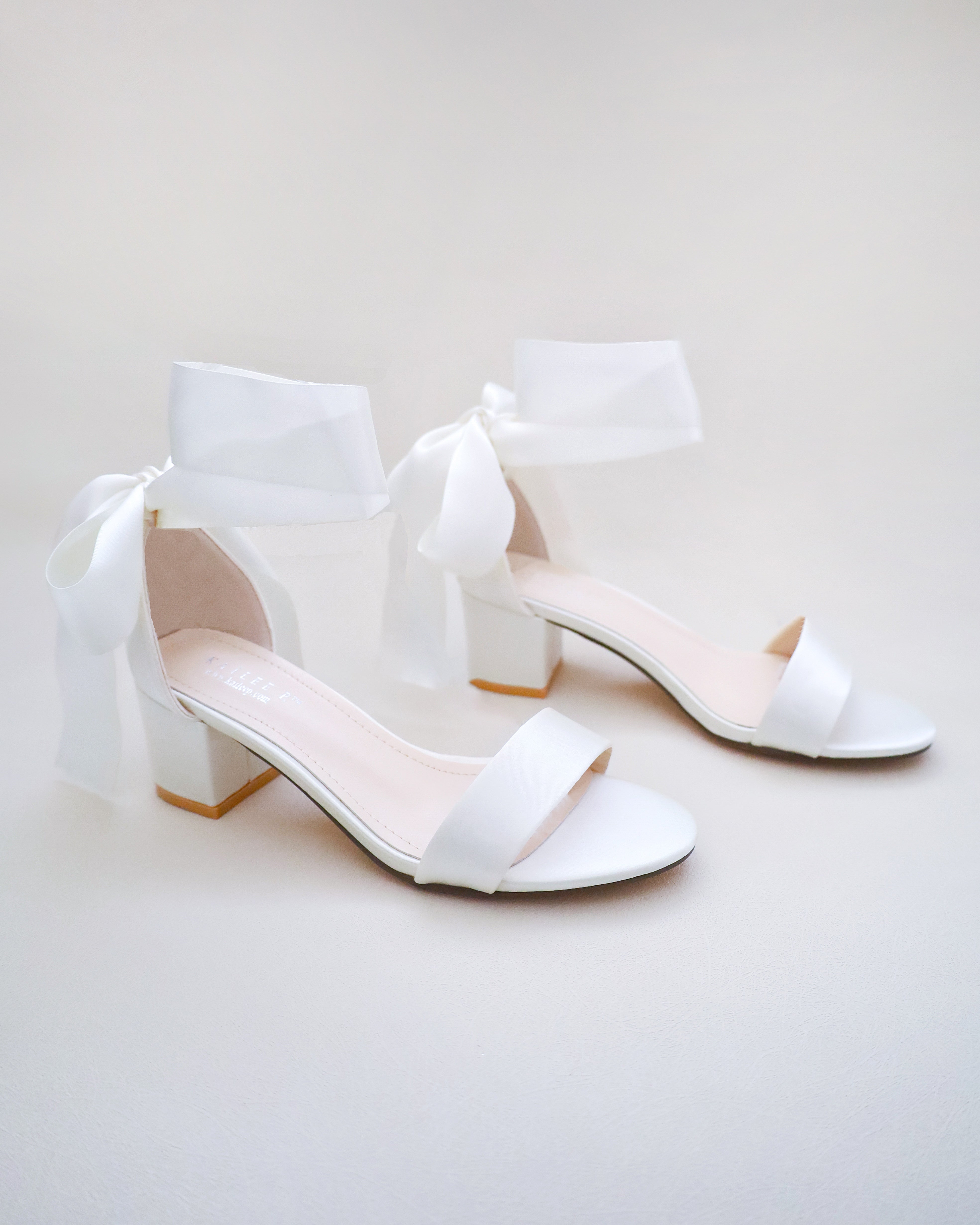 White Satin Block Heel Sandal with Wrapped Ribbon Tie, Bridal Shoes