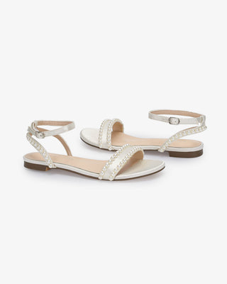 Ivory Satin Flat Sandal with Pearls and Ankle Strap