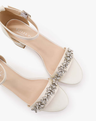 White Satin Block Heel Wedding Sandals with Floral Rhinestones
