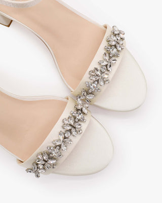 Satin Block Heel Sandals with Floral Rhinestones