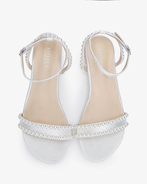 Satin Flat Sandal with Pearls and Ankle Strap