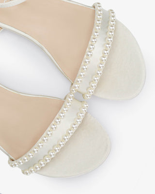 Ivory Satin Flat Sandal with Pearls and Ankle Strap