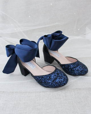 Navy Glitter Girls Block Heel