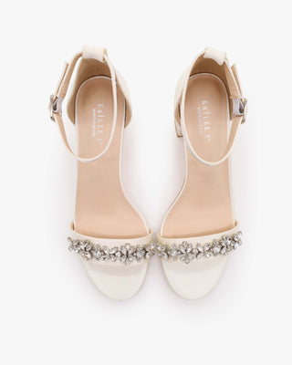 White Satin Block Heel Wedding Sandals with Floral Rhinestones