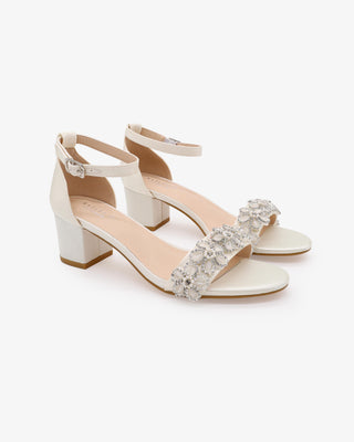 Ivory Satin Block Heel Wedding Sandals with Rhinestones Chassia Flower