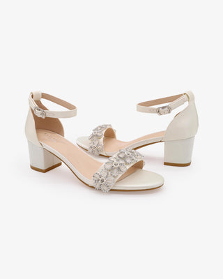 Ivory Satin Block Heel Wedding Sandals with Rhinestones Chassia Flower