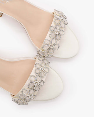 Ivory Satin Block Heel Wedding Sandals with Rhinestones Chassia Flower