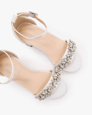 White Satin Flower Girls Block Heel Sandals with Floral Rhinestones