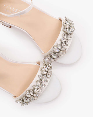 White Satin Flower Girls Block Heel Sandals with Floral Rhinestones