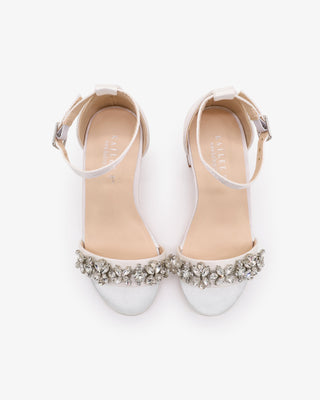 White Satin Block Heel Kids Flower Girls Sandals with Floral Rhinestones