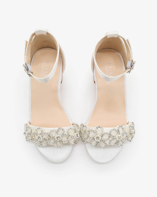White Satin Block Heel Flower Girls Sandals with Rhinestones Chassia Flower